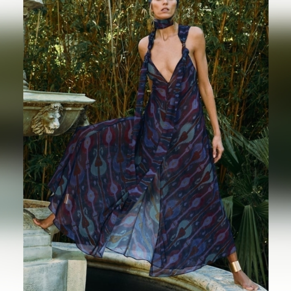 ZARA Limited Edition printed Semi-Sheer Maxi Flowy  Beachy Resort dress Sz M-L